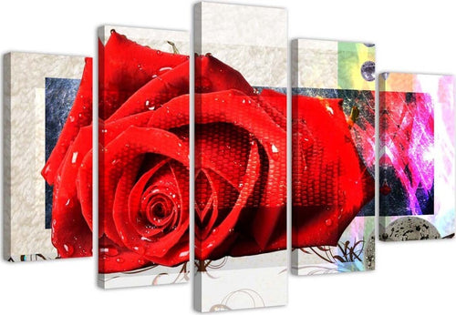 Quadro-su-tela-5-pannelli-Fiori-di-rosa-rossa-Natura