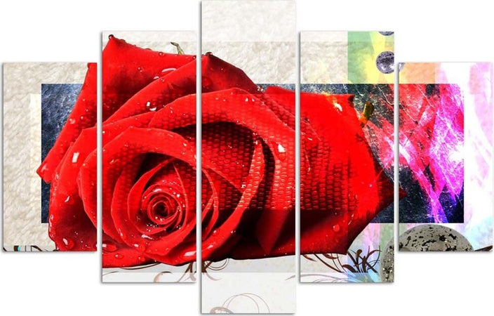 Quadro-su-tela-5-pannelli-Fiori-di-rosa-rossa-Natura