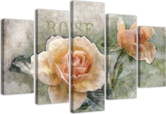 Quadro-su-tela-5-pannelli-Fiori-di-rosa-tea