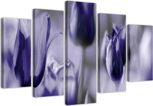 Quadro-su-tela-5-pannelli-Fiori-di-tulipano-viola