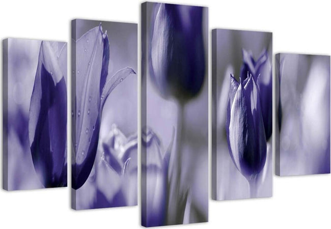 Quadro-su-tela-5-pannelli-Fiori-di-tulipano-viola