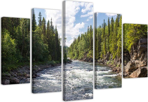 Quadro-su-tela-5-pannelli-Foresta-Fiume-Verde-Natura
