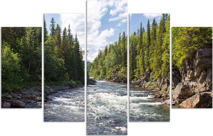 Quadro-su-tela-5-pannelli-Foresta-Fiume-Verde-Natura
