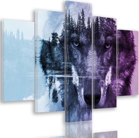 Quadro-su-tela-5-pannelli-Foresta-Lupo-Animali-Natura