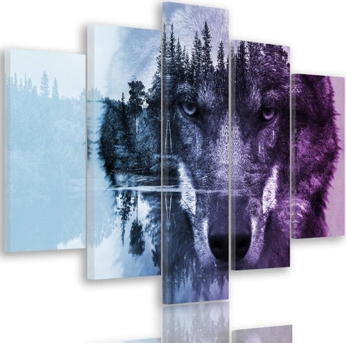 Quadro-su-tela-5-pannelli-Foresta-Lupo-Animali-Natura