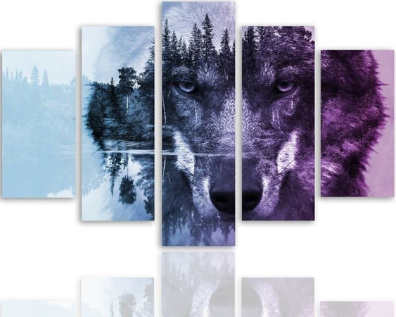 Quadro-su-tela-5-pannelli-Foresta-Lupo-Animali-Natura
