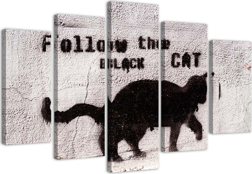Quadro-su-tela-5-pannelli-Gatto-nero-texture-cemento