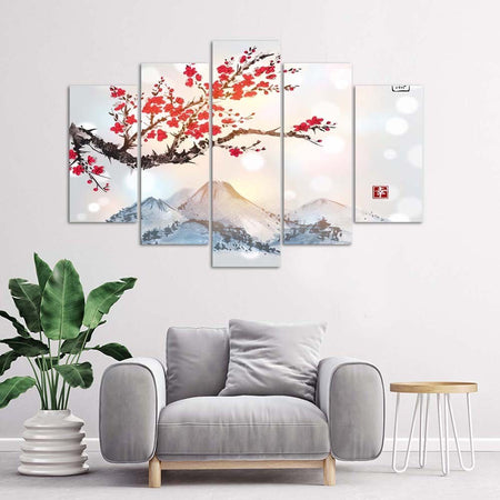 Quadro-su-tela-5-pannelli-Giappone-Fiori-di-ciliegio