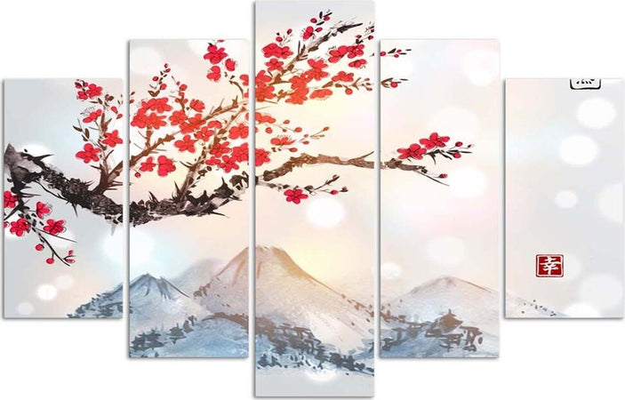Quadro-su-tela-5-pannelli-Giappone-Fiori-di-ciliegio