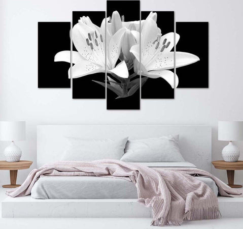 Quadro-su-tela-5-pannelli-Gigli-bianchi-Fiori-Natura