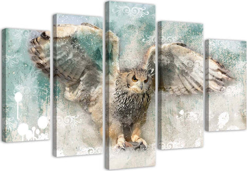 Quadro-su-tela-5-pannelli-Gufo-Uccelli-Natura-Animali