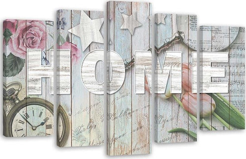 Quadro-su-tela-5-pannelli-Home-Iscrizione-Legno-Fiori