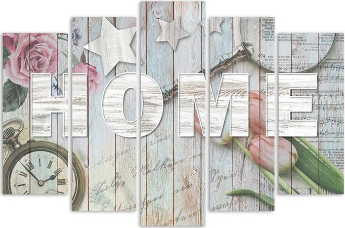 Quadro-su-tela-5-pannelli-Home-Iscrizione-Legno-Fiori