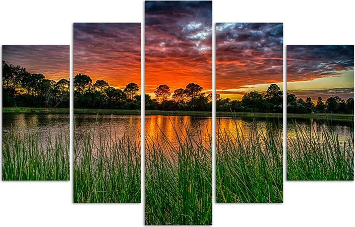 Quadro-su-tela-5-pannelli-Lago-del-tramonto