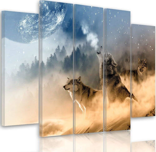 Quadro-su-tela-5-pannelli-Lupi-foresta-nebbiosa-natura