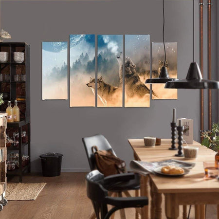 Quadro-su-tela-5-pannelli-Lupi-foresta-nebbiosa-natura