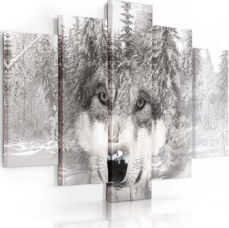 Quadro-su-tela-5-pannelli-Lupo-foresta-animale-grigio