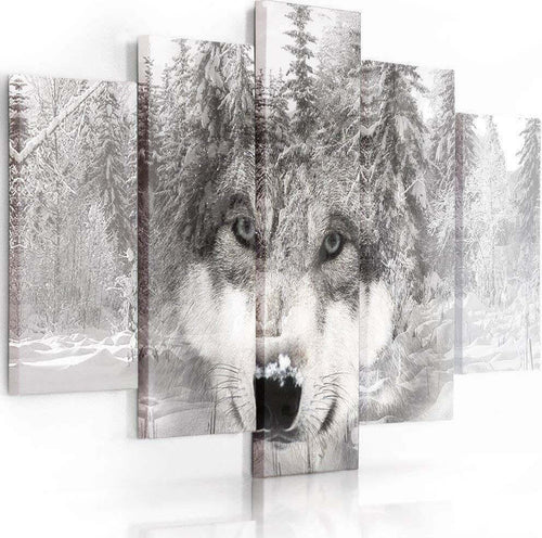 Quadro-su-tela-5-pannelli-Lupo-foresta-animale-grigio