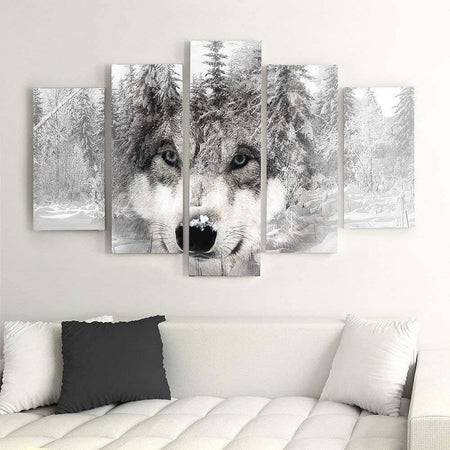 Quadro-su-tela-5-pannelli-Lupo-foresta-animale-grigio