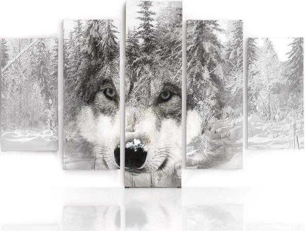 Quadro-su-tela-5-pannelli-Lupo-foresta-animale-grigio