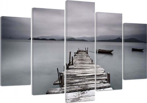 Quadro-su-tela-5-pannelli-Molo-Lago-Immagine-di-paesaggio