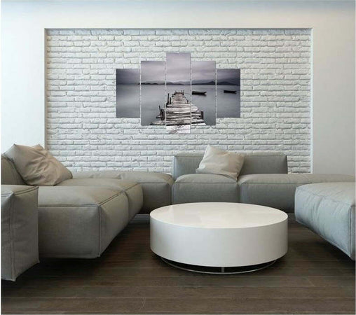Quadro-su-tela-5-pannelli-Molo-Lago-Immagine-di-paesaggio