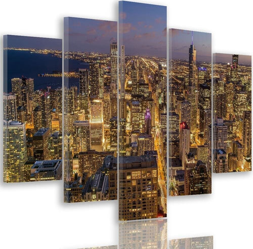 Quadro-su-tela-5-pannelli-Notte-della-città-di-Chicago