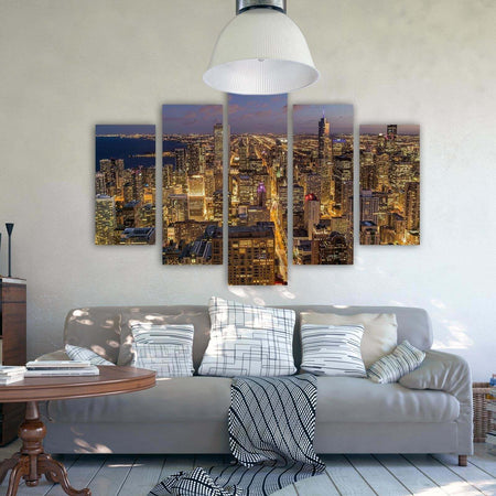 Quadro-su-tela-5-pannelli-Notte-della-città-di-Chicago