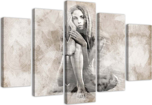 Quadro-su-tela-5-pannelli-Nudo-femminile-Beige