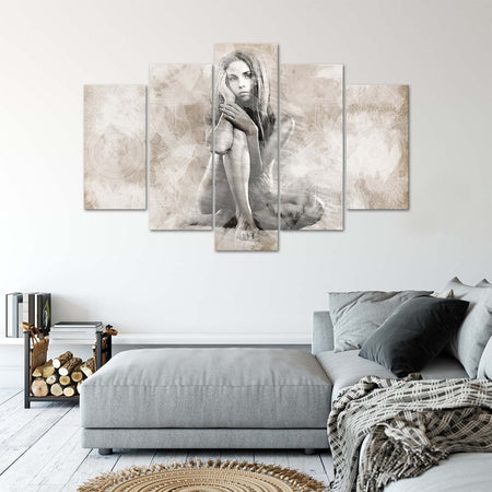 Quadro-su-tela-5-pannelli-Nudo-femminile-Beige