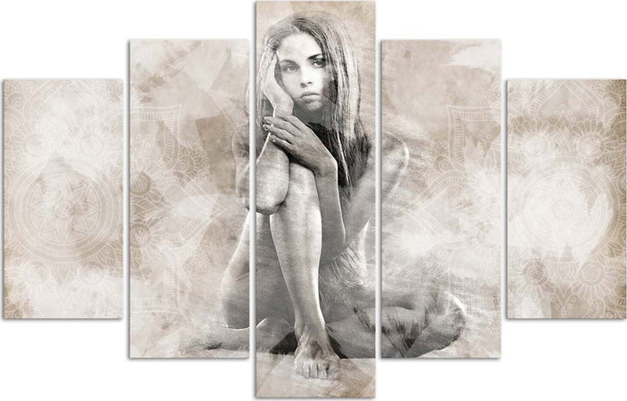 Quadro-su-tela-5-pannelli-Nudo-femminile-Beige