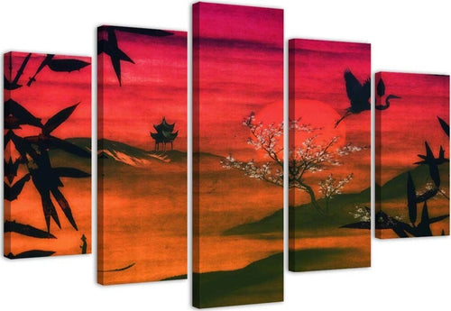 Quadro-su-tela-5-pannelli-Paesaggio-rosso-giapponese