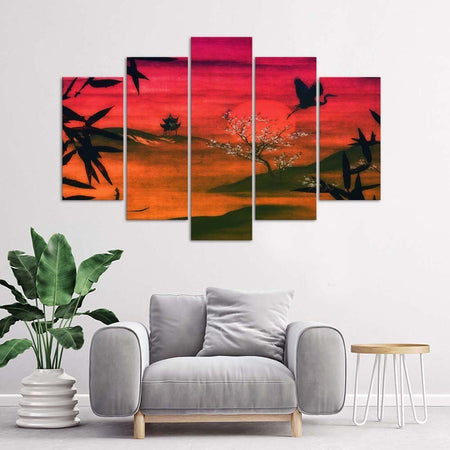 Quadro-su-tela-5-pannelli-Paesaggio-rosso-giapponese