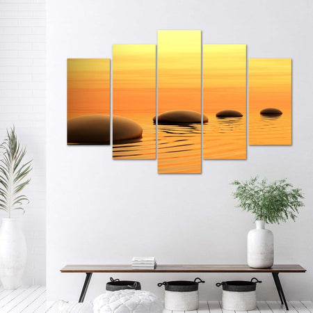 Quadro-su-tela-5-pannelli-Pietre-Zen-Spa-acqua-gialla