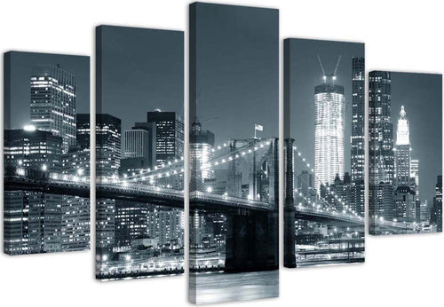 Quadro-su-tela-5-pannelli-Ponte-di-New-York-in-bianco-e-nero