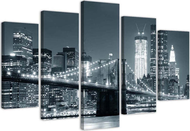 Quadro-su-tela-5-pannelli-Ponte-di-New-York-in-bianco-e-nero