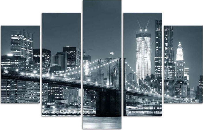 Quadro-su-tela-5-pannelli-Ponte-di-New-York-in-bianco-e-nero