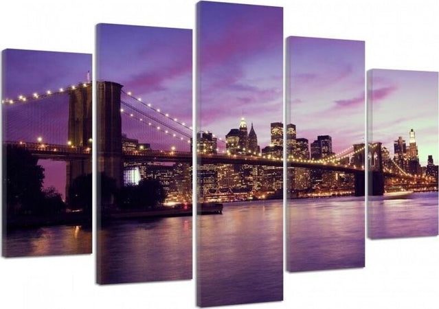 Quadro-su-tela-5-pannelli-Tramonto-a-New-York-Manhattan