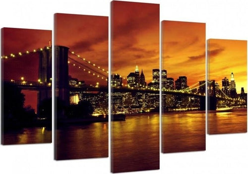 Quadro-su-tela-5-pannelli-Tramonto-a-New-York-Manhattan