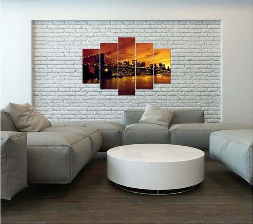 Quadro-su-tela-5-pannelli-Tramonto-a-New-York-Manhattan