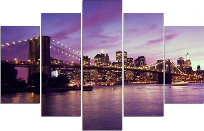 Quadro-su-tela-5-pannelli-Tramonto-a-New-York-Manhattan