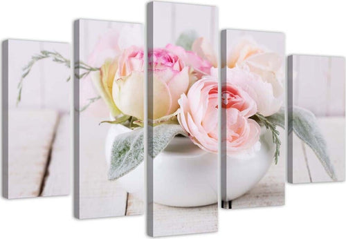 Quadro-su-tela-5-pannelli-Vaso-di-rose-Fiori-di-natura