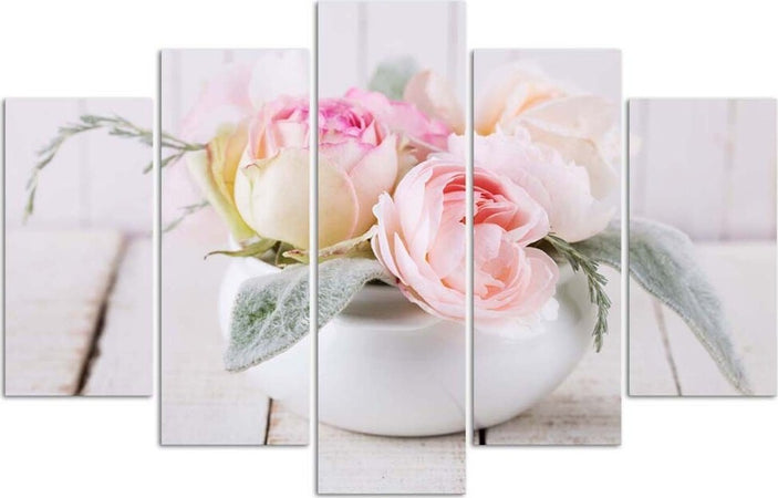 Quadro-su-tela-5-pannelli-Vaso-di-rose-Fiori-di-natura