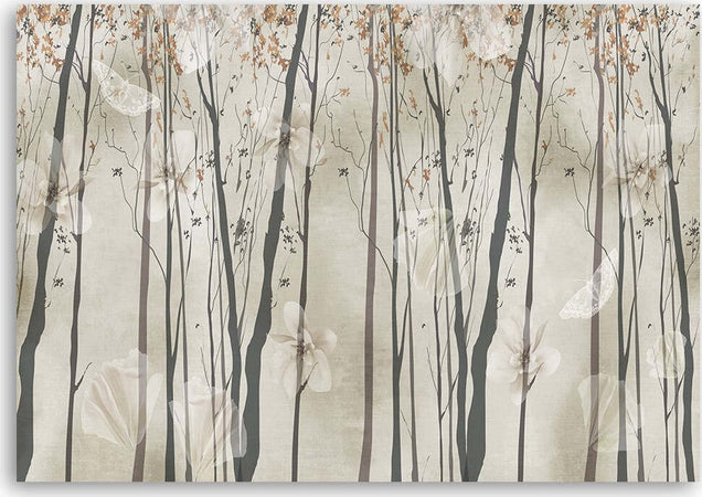 Quadro-su-tela,-Alberi-fiori-e-farfalle