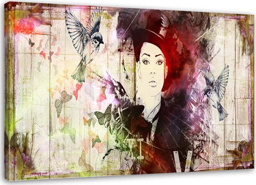 Quadro-su-tela,-Astratto-donna-cappello-uccelli