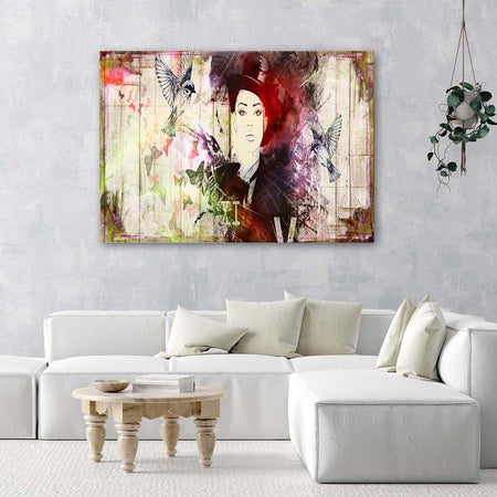 Quadro-su-tela,-Astratto-donna-cappello-uccelli