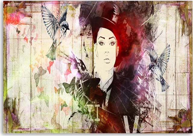 Quadro-su-tela,-Astratto-donna-cappello-uccelli