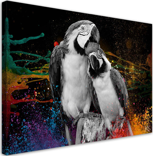 Quadro-su-tela,-Astrazione-di-pappagalli-colorati