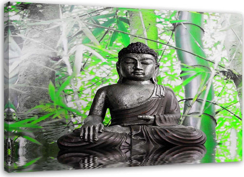 Quadro-su-tela,-Buddha-con-foglie-verdi