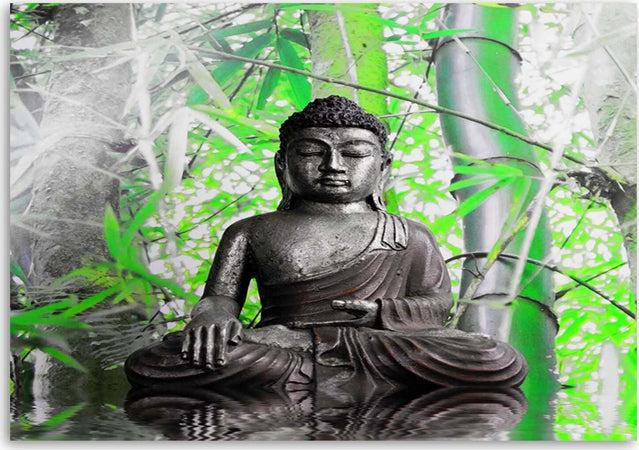 Quadro-su-tela,-Buddha-con-foglie-verdi